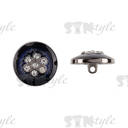 Пуговица металлическая  на ножке, размер 28 L, цвет темно-синий+белые стразы фото 1