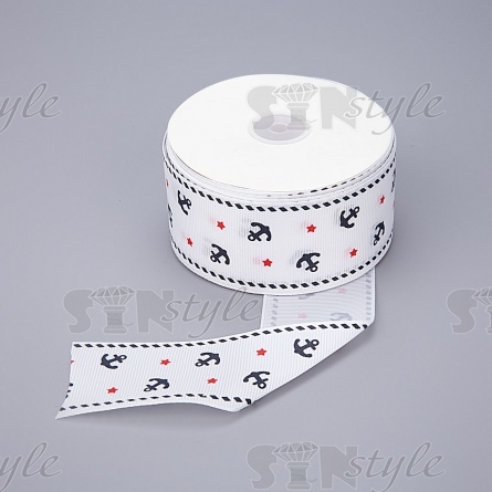 Лента репсовая, с принтом "якоря", ширина 40 мм, цвет белый+синий+красный, намотка 20 ярд фото 1