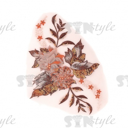 Аппликация кружевная пришивная на сетке с объёмными цветами, бусинами, пайетками и стразами, размер 230х310 мм фото 1