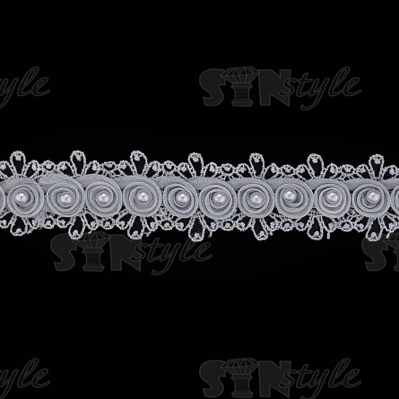 Кружево ажурное с отделкой нежными розочками из капрона с бусиной в середине цветка, ширина 35 мм, намотка 10 ярдов, цвет серый фото 1