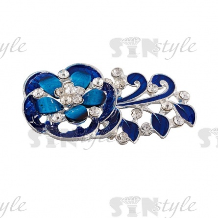 Брошь металлическая, застежка булавка, размер 34 мм х 58 мм, цвет серебряный+синяя эмаль+белые стразы фото 2