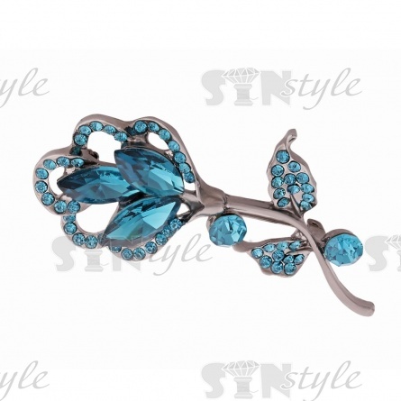 Брошь металлическая со стразами, застежка булавка, цвет никель+бирюзовые стразы, размер 32х64 мм фото 2