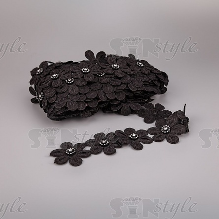 Кружево "Цветочное", красивая цветочная гирлянда со тразами в середине каждого цветка, ширина 50 мм, цвет черный, намотка 15 ярдов фото 3