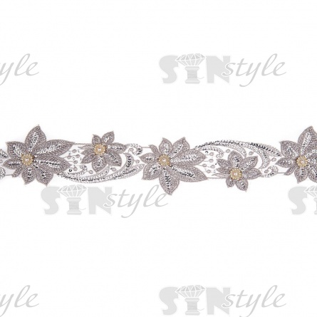 Кружево на сетке с цветочным орнаментом, расшитое пайетками, микробисером и стразами, ширина 100 мм, цвет серебряный, намотка 10 ярдов  фото 2