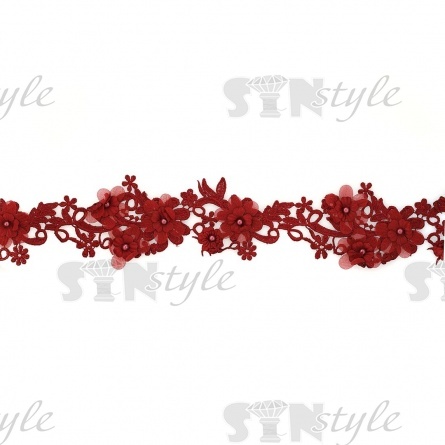 Кружево "Цветочное", воздушная цветочная гирлянда с бусиной в середине каждого цветка, ширина 85 мм, намотка 10 ярдов, цвет бордовый фото 3