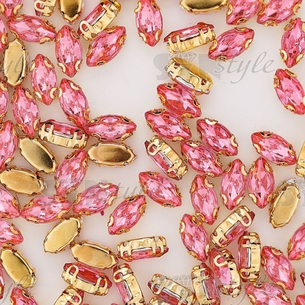 Стразы пришивные акриловые в цапах, форма лодочка, цвет золото+светло-розовый, размер 5х10 мм, 200 шт/уп фото 3