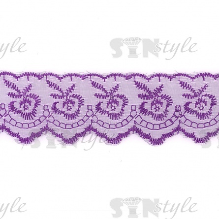 Кружево декоративное, нежная вышивка на тонкой капроновой основе, ширина 40 мм, цвет фиолетовый (29), намотка 10 ярдов  фото 1