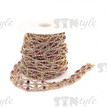 Цепочка декоративная металлическая со стразами, цвет золотой+белые и розовые стразы, ширина 20 мм, рулон 5у фото 1