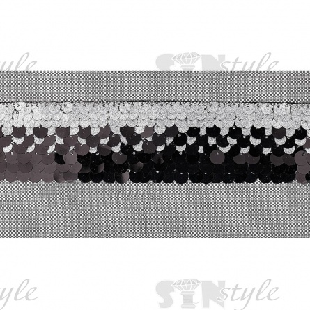Тесьма из пайеток на сетке, цвет черный+серебряный, ширина 45 мм, намотка 16 ярдов  фото 2