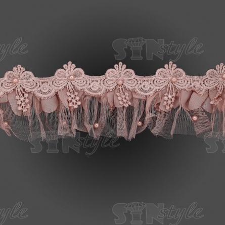 Сборка из сетки, задекорированная ажурным кружевом и бусинами в цвет кружева, ширина 70 мм, цвет грязно-розовый, намотка 10 ярдов  фото 3