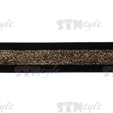 Лента бархатная с люрексом, ширина 25 мм, цвет черный+золотой, намотка 25 ярдов фото 1