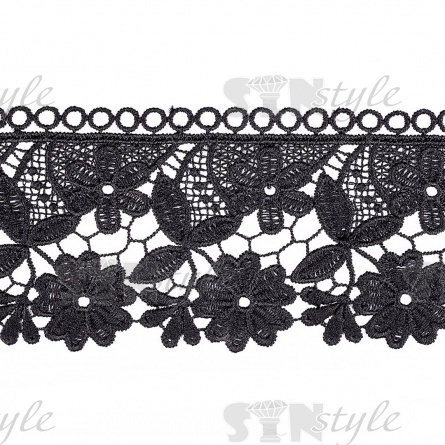 Кружево ажурное матовая нить с цветочными мотивами, ширина 75 мм, цвет черный, намотка 15 ярдов фото 2