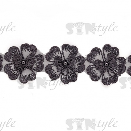 Кружево "Цветочки" нежная объемная цветочная гирлянда с бусиной черного цвета в центре каждого цветка, на капроновой ленте, ширина 55 мм, цвет черный, намотка 20 ярдов фото 3