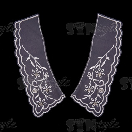 Воротник пришивной из тонкого капрона с цветочной вышивкой, украшенный стразами, размер 200х75 мм фото 1