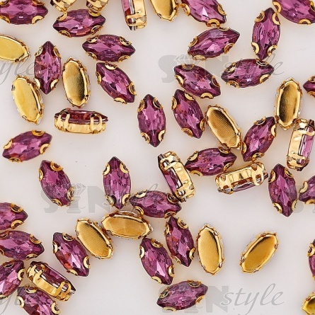 Стразы пришивные акриловые в цапах, форма лодочка, цвет золото+светло-фиолетовый, размер 5х10 мм, 200 шт/уп. фото 3