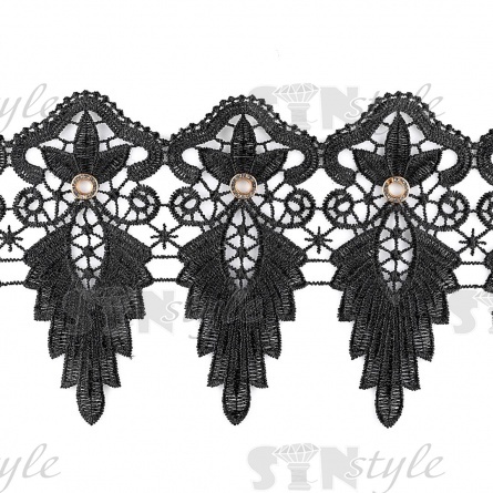 Кружево ажурное с отделкой, нежная кружевная гирлянда из полуцветочков и листьев с люверсами по всей длине издели, ширина 14 мм, намотка 15 ярдов, цвет черный фото 3