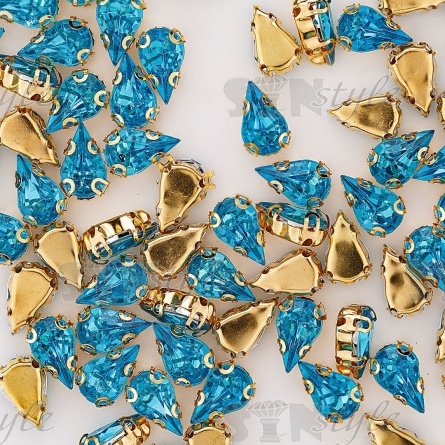 Стразы пришивные акриловые в цапах, форма капля, цвет золото+голубой, размер 6х10мм, 200 шт/уп. фото 3