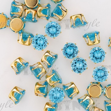 Стразы пришивные стеклянные в цапах, форма круг, цвет золото+бирюзовый, диаметр 8 мм фото 3