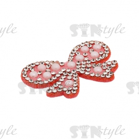 Аппликация "Бантик" из страз на фетровой основе, размер 40 мм х 25 мм, цвет розовый + белые стразы и бусины фото 2