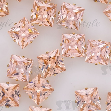 Стразы пришивные стеклянные в цапах, форма квадрат, цвет золото+персик, размер 12*12 мм фото 4