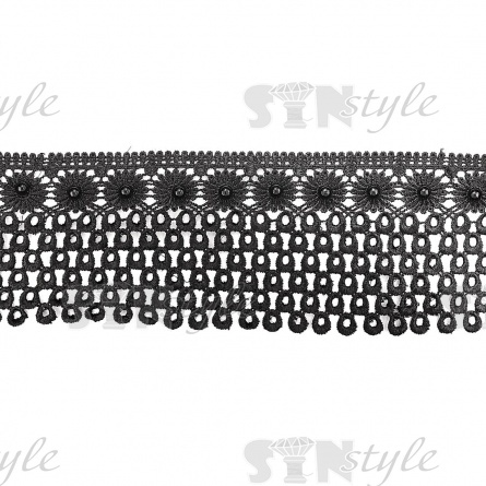 Кружево ажурное с отделкой, нежное переплетение гирлянды цветочных мотивов с бусиной в центре цветка и и капельками по нижнему краю, словно частый весенний дождик, ширина 95 мм, намотка 15 ярдов, цвет черный фото 1