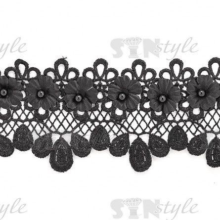 Кружево ажурное с отделкой цветами и бусинами, ширина 80 мм, намотка 10 ярдов, цвет черный фото 2