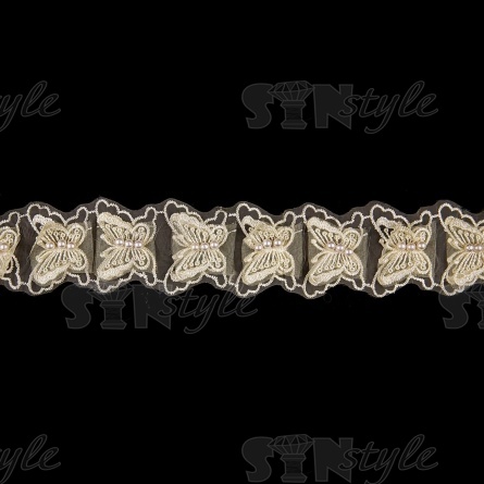 Кружево "Бабочки" на капроновой ленте, ширина 60 мм, цвет шампань, бусины белые, намотка 10 ярдов  фото 3