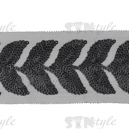 Тесьма отделочная на черной сетке, расшитая пайетками черного цвета, ширина 50 мм, намотка 20 ярдов  фото 1