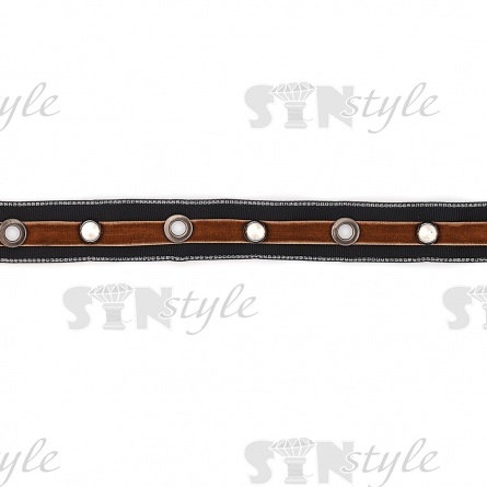 Декоративная тесьма с люверсами и клепками, цвет черный+коричневый, ширина 25 мм, намотка 15 ярдов фото 2