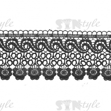 Кружево ажурное с нежным причудливым цветочным узором и фестонами по краям, ширина 95 мм, цвет черный, намотка 15 ярдов фото 1