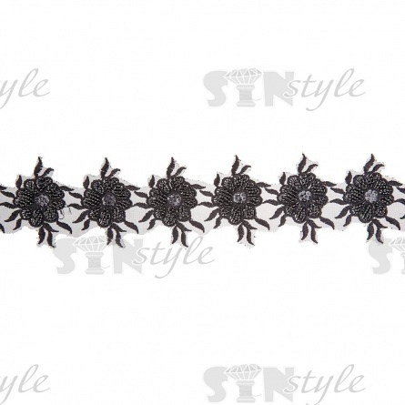 Кружево на сетке с цветочным орнаментом, расшитое пайетками и микробисером, ширина 75 мм, цвет черный, намотка 10 ярдов  фото 3