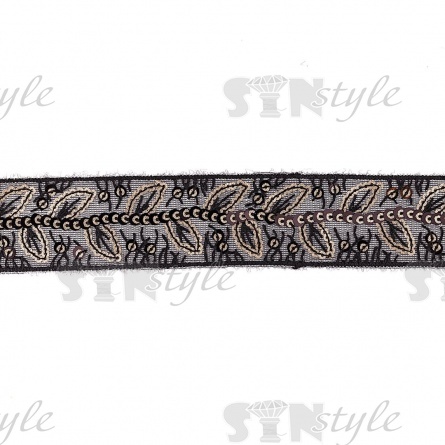 Тесьма отделочная на сетке, расшитая пайетками, ширина 35 мм, цвет черный+золотой, намотка 20 ярдов фото 2