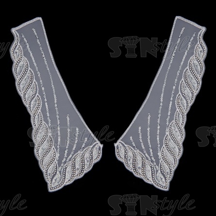 Воротник пришивной из тонкого капрона с вышивкой, расшитой микробисером и пайетками, размер 250х100 мм фото 1