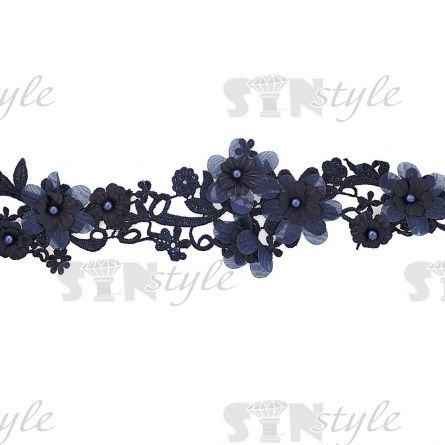 Кружево "Цветочное", воздушная цветочная гирлянда с бусиной в центре каждого цветка, ширина 85 мм, намотка 10 ярдов, цвет темно-синий фото 1