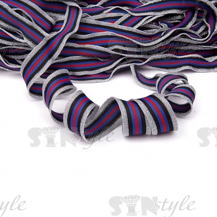 Тесьма трикотажная (лампасная), ширина 30 мм, цвет серебро/черный/синий/красный, намотка 55 ярдов фото 1