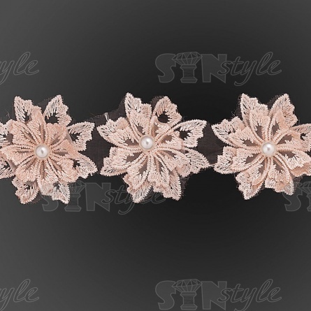 Кружево "Цветочки" украшено бусиной, на капроновой ленте, ширина 55 мм, цвет персиковый, намотка 20 ярдов фото 3