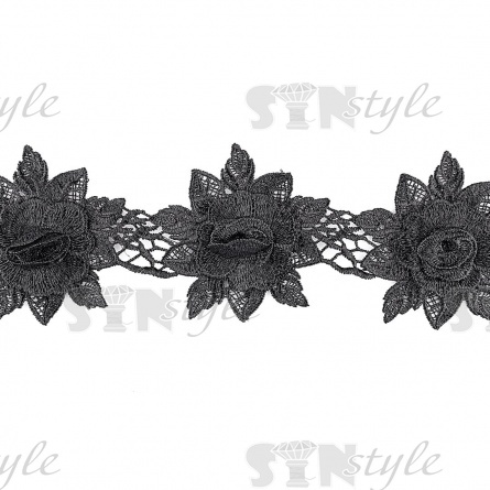 Кружево "Цветочное", на тонкой ажурной основе россыпь объемных цветов с резными краями, ширина 95 мм, цвет черный, намотка 15 ярдов фото 2