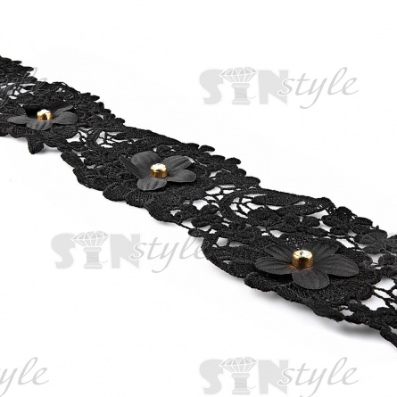 Кружево ажурное с отделкой, на тонкой ажурной основе цветочная гирлянда  стразой в центре каждого цветка, ширина 90 мм, намотка 10 ярдов, цвет черный фото 3