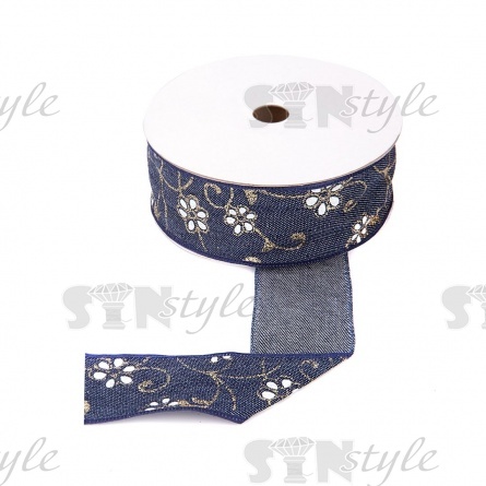 Джинсовая лента с цветочным принтом белого цвета, ширина 40 мм, намотка 20 ярдов фото 1