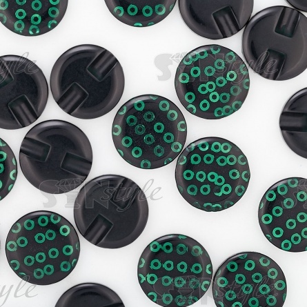 Пуговица пластиковая на полуножке, размер 24L, черная основа с зелеными пайетками фото 3