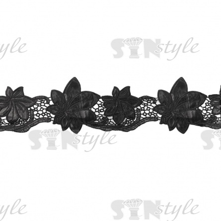 Кружево кожаное, на тонкой ажурной основе россыпь крупных цветов из кожи, ширина 120 мм, намотка 10 ярдов, цвет черный фото 1