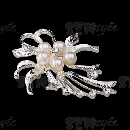Брошь со стразами "Цветок", размер 43х52 мм, цвет никель+стразы и бусины белые, застежка булавка фото 2