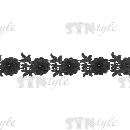 Кружево Цветочное, воздушная цветочная гирлянда в обрамлении ажурных листиков, намотка 10 ярдов, ширина 65 мм, цвет черный фото 2