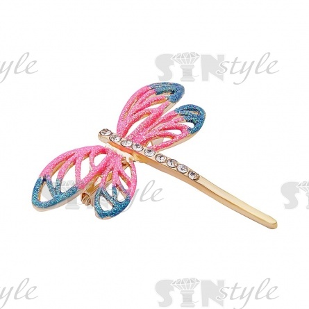 Брошь металлическая со стразами, размер 50х42 мм, цвет золото+белыестразы+розовая/зеленая эмаль, застежка булавка фото 2