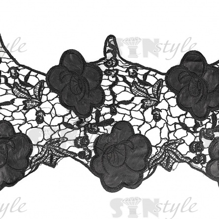 Кружево кожаное, на тонкой ажурной основе россыпь крупных цветов, ширина 105 мм, намотка 15 ярдов, цвет черный фото 2