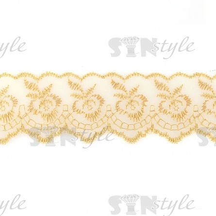 Кружево декоративное, нежная вышивка на тонкой капроновой основе, ширина 40 мм, цвет св. горчичный (156), намотка 10 ярдов фото 1