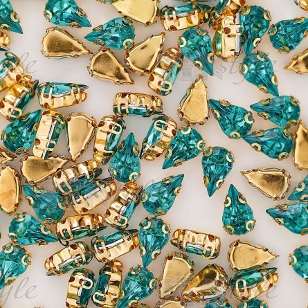 Стразы пришивные акриловые в цапах, форма лодочка, цвет золото+зеленый, размер 5х10 мм, 200 шт/уп. фото 3