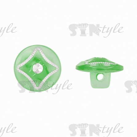 Пуговица пластиковая на ножке, круглая, зеленая прозрачная с белой стразой в центре, 20L фото 1