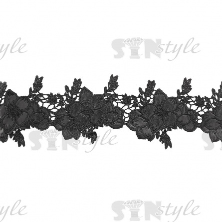 Кружево кожаное, изящная цветочная гирлянда, состоящая из объемных цветов в обрамлении тонких листочков, ширина 100 мм, намотка 10 ярдов, цвет черный фото 1