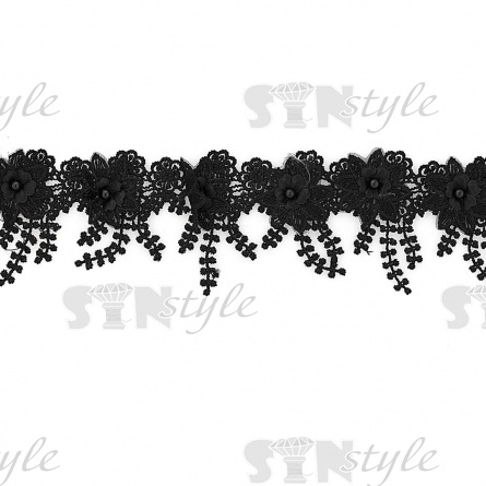 Кружево "Цветочное", на тонкой ажурной основе россыпь объемных цветов с бусиной в середине цветка, ширина 85 мм, цвет черный, намотка 10 ярдов фото 2